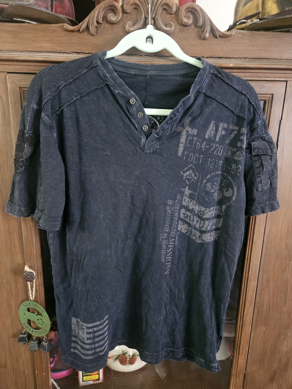 Affliction Washed Black Short Sleeve Graphic Henley